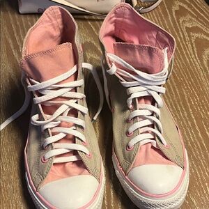 Trendy Pink and Tan High-Top Sneakers